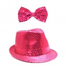 Pailletten Fliege und Hut Set Pink 
