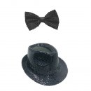 Pailletten Fliege und Hut Set Schwarz 