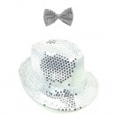 Pailletten Fliege und Hut Set Silber