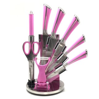 9 tlg. edles Messerset aus Edelstahl im Acrylständer / Messerblock Pink