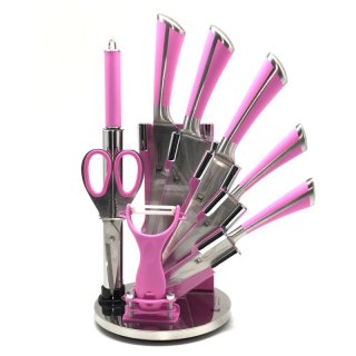 9 tlg. edles Messerset aus Edelstahl im Acrylstnder / Messerblock Pink