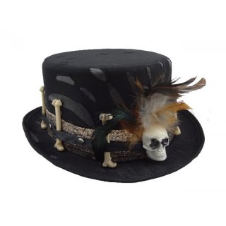 Hut Schwarz mit Totenkopf und Knochen, Federn Halloween Karneval