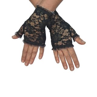 Kurze schwarze fingerlose Burlesque Handschuhe mit Spitze im Dienstmädchen-Look
